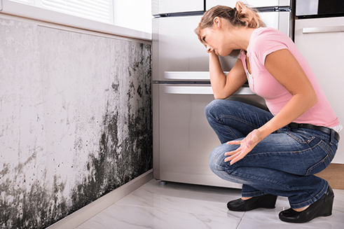 Woman looking forlornly at her kitchen wall which is covered in mold.